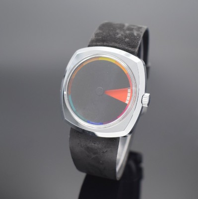 CHROMACHRON / TIAN HARLAN Herrenarmbanduhr, Deutschland um 1975, Handaufzug, verchr. Geh., Stahlboden geschr., ausgefallene Zeitanzeige mit ...