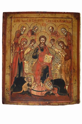 Ikone, Russland, um 1900, Christus Pantokrator, erweiterte Deesis, Tempera/Holz, Alterssp., rest., 31x26 cm