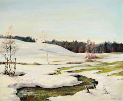 Dorn, datiert (19)42, Verschneite Winterlandschaft mit Bachlauf, Öl/Lwd, rechts unten signiert und dat., ca. 57x69cm, R. ca. 72x84cm