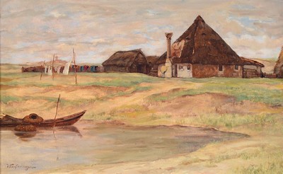 Wilhelm Lachenmeyer, geb. 1873 Düsseldorf, Studium an den Akademien Düsseldorf und Karlsruhe, hier: Fischerhütte in den Dünen, so rückseitig auf ...