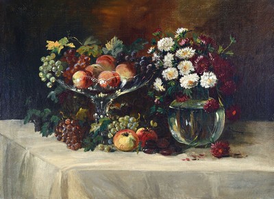 P.H. Janowitz, Künstler des frühen 20.Jh., üppiges Früchte- u. Blumenstillleben, Öl/Lwd, signiert, ca. 70 x 95 cm, Prunkrahmen min. best.
