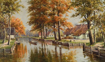 Bruno Moras, 1883 Berlin- 1939, wohl Spreewalddarstellung mit Kähnen, Öl/Lwd, signiert, ca. 60 x 100 cm, Rahmen