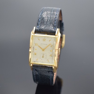WITTNAUER rechteckige Armbanduhr in GG 585/000, USA/Schweiz um 1945, Handaufzug, ausgef. 2-tlg. Geh., Boden aufgedr., silb. Zifferbl. m. gold. ...