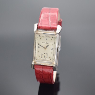 BULOVA Armbanduhr in WG 585/000, Handaufzug, USA um 1950, 2-teil. Geh. m. betonten Bandanstößen, Boden aufgedr., silb. rest. Zifferbl. fl., silb. ...