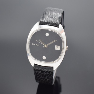 BULOVA Armbanduhr, Handaufzug, Schweiz/USA um 1977, verchr. Metallgeh., Edelstahlboden aufgedr., schwarzes Zifferbl. m. 2 aufgel. Diamantindizes bei ...