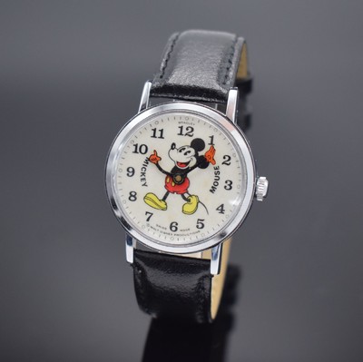 MICKEY MOUSE BRADLEY seltene Armbanduhr, Schweiz um 1960, Handaufzug, verchr. Geh., Boden aufgedr., lack. Metallzifferbl. m. M. Mouse Motiv, Min.- & ...