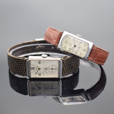 LACO Set bestehend aus 2 seltenen Armbanduhren in Edelstahl, beide Handaufzug, beide 1940er Jahre, 1. Herrenuhr: mit aus der Mitte gez. Zeigerachsen ...