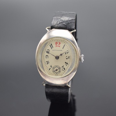 MAPPIN & WEBB große, ovale Armbanduhr in 800er Silber, Handaufzug, Schweiz um 1915, 2-fach aufklappbares Scharniergeh., silb. Zifferbl. m. arab. ...