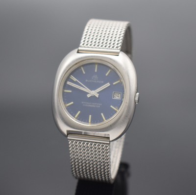 BUCHERER Armbandchronometer in Edelstahl, Automatik, Schweiz um 1970, Boden verschr., neutr. Metallband, blaues Zifferbl. altersbed. l. korr., Anz. ...