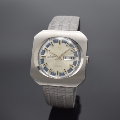 JULES JÜRGENSEN große Herrenarmbanduhr in Stahl, Schweiz um 1975, Automatik, Boden verschr., silb. Zifferbl. m. aufgel. Indizes, Anz. v. Std., ...