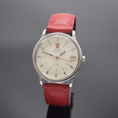 OMEGA Herrenarmbanduhr Electronic Chronometer f300 Referenz 198003, Schweiz um 1972, Edelstahlgeh., Boden verschr., silberfarb. Zifferbl. m. aufgel. ...