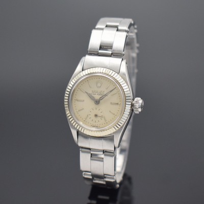 ROLEX Oyster Perpetual Damenarmbanduhr in Stahl Referenz 6509, Schweiz um 1953, Automatik, Boden & orig. Krone verschr., orig. Nietenband (2 67) m. ...