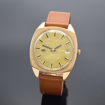 GUB 20 Jahre NVA Herrenarmbanduhr, DDR um 1976, Automatik, verg. Gehäuse, Edelstahlboden aufgedr., gold. Zifferbl. m. Darst. der 3 Waffengattungen ...