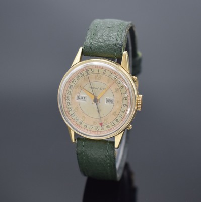 MOVADO Triple Calendar Armbanduhr in GG 585/000, Schweiz/USA um 1945, Handaufzug, Ref. 44777, Geh. sign. Wadsworth, Boden & Glasrand aufgedr., ...