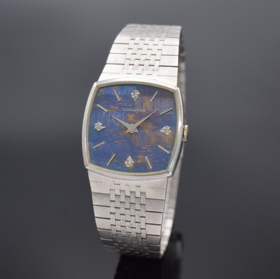 LONGINES Herrenarmbanduhr mit Kaliber 18L, Schweiz um 1965, Handaufzug, Geh. an original Stahlband, Stahlboden aufgedr., blaues Strukturzifferbl. ...