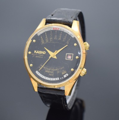 KASHO Multi Year vergoldete Herrenarmbanduhr, Schweiz/Hong Kong um 1969, Handaufzug, verg. Geh. teils angel., Edelstahlboden gedr., geriffelte ...