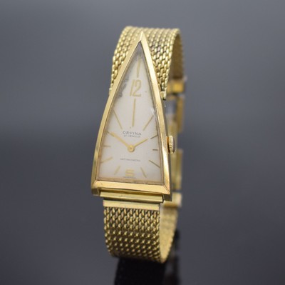 ORFINA vergoldete Armbanduhr, Schweiz 1950er Jahre, Handaufzug, Stahlboden gedr., neutr. Double-Band, silb. Zifferbl. fl., gold. Ind. & arab. Zahlen, ...