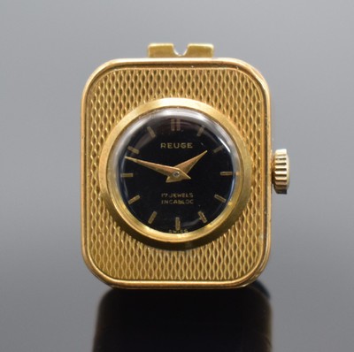 REUGE Miniatur Anhängeuhr mit Spielwerk, Schweiz um 1960, Handaufzug, verg. Geh., guill. Vorder- & Rückseite, vorderseitig einges. Uhr, schwarzes ...