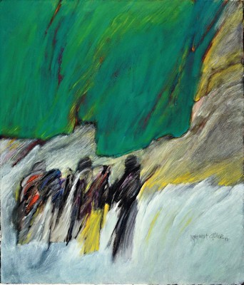 Mehmet Güler, geb. 1944, Landschaft mit Personen, Acryl/Lwd, signiert, dat. 87, ca. 70 x 60 cm