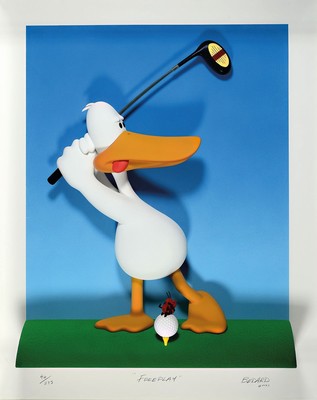 Michael Bedard, geb. 1949, Skulptur golfspielende Ente, auf dem Golfball sitzt ein Käfer-Liebespaar, "Foreplay", 40/275, handsigniert, im ...