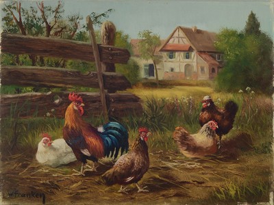 Willy Franken, 1911-1984, deutscher Tiermaler, Studium an der Akademie Hamburg, hier: Hühnerhof, links unten signiert, Öl/Lwd,ohne Rahmen, 30x40 ...
