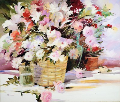 Andrea Thoma, geb. 1961, reiches Blumenstillleben, Öl/Lwd, links unten signiert, 60x70 cm