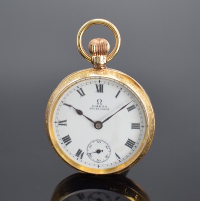OMEGA offene Damentaschenuhr in RoseG 585/000, Schweiz um 1905, floral graviertes Gehäuse, Metallcuvette, Emailzifferbl. m. röm. Zahlen, gebl. ...