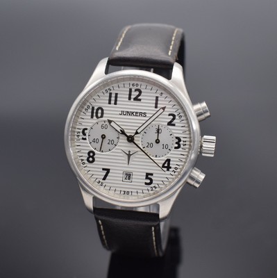 JUNKERS Herrenarmbanduhr mit Chronograph, Deutschland um 2005, Handaufzug, beidseitig vergl. Edelstahlgeh., Boden geschr., silbernes Zifferbl. in ...
