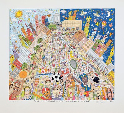 James Rizzi, 1950 - 2011, "Hop, Skip, Jump...Stop, Look, and Laugh", num. 347/600, Litho von 1996, handsigniert, ca. 43 x 47 cm