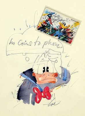 Wolfgang Loesche, geb. 1947, Aquarell und Telefonkarte, "Ho Coins to Phone", handsigniert, num. 10/100, ca. 26.5 x 20 cm, unter Glas, Rahmen