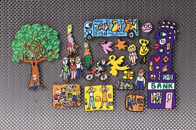 James Rizzi, 1950 - 2011, 20 Magnete, Bank, Fahrrad, Fisch-LKW, Personen, vögel, Baum, etc., ca. 1.5 - 14 cm