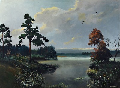 Ryszard Wojtyna, Landschaftsgemälde, Seelandschaft in der blauen Stunde, Öl/Lwd, signiert, rückseitig bez. und dat. 1988, 55 x 75 cm, Prunkrahmen