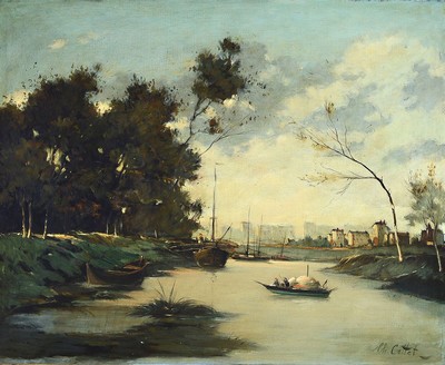 Charles Cottet, 1863 - 1925, Anlegestelle am Fluß mit Blick auf, die Stadt, Öl/Lwd, re. u. signiert, ca. 65 x 80 cm, Prunkrahmen 90 x 105 cm, l. ...