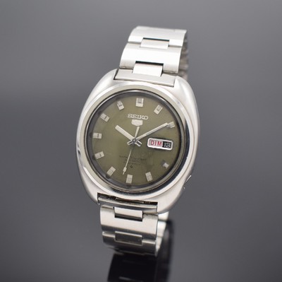 SEIKO 5 Herrenarmbanduhr mit olivgrünem Zifferblatt, Japan um 1970, Automatik, Ref. 6119-8400, Edelstahlgeh. inkl. orig. Gliederband m. Faltschl., ...