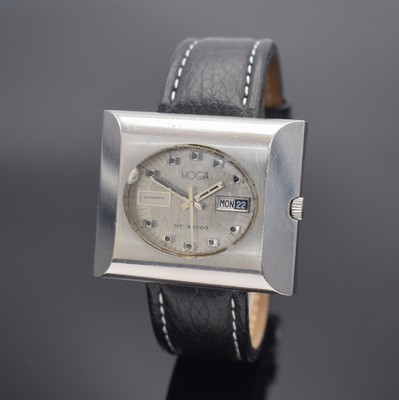 HOGA HF 36000 Herrenarmbanduhr in Stahl, Schweiz um 1970, Automatik, massives Gehäuse, Boden geschr., Duoton-Zifferbl. mit aufges. Std.-Ind., silb. ...