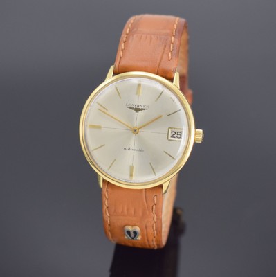 LONGINES Herrenarmbanduhr in GG 750/000 Referenz 7497 mit Kaliber 355, Schweiz um 1966, Automatik, 2-teil. Geh. dell., Boden aufgedr., silb. ...