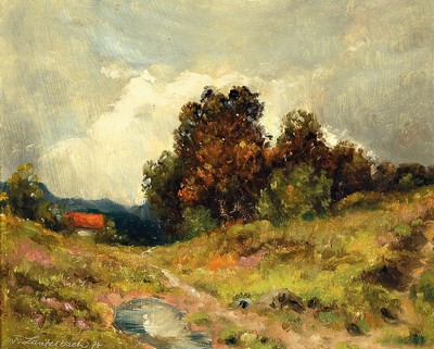 Franz Lauterbach, Mitte 19. Jh., Allgäuer Landschaft, impressionistische Malweise, li. u. signiert, dat. 74, 24 x 30 cm, Prunkrahmen
