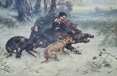 F. Resinger, Düsseldorfer Maler der 2. Hälfte des 19. Jh., Dramatische Darstellung einer Wildschweinjagd im verschneiten Wald, Öl/Lwd, rechts ...