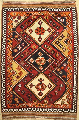 Ghaschgai Kelim, Persien, um 1960, Wolle auf Wolle mit Baumwoll-Highlights, ca. 243 x 165 cm, EHZ: 2