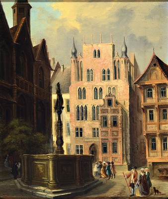 Unbekannter Künstler des 19./20.Jh., historisierende Stadtansicht mit barockisierend gekleideten Personengruppen, unsigniert, Öl/Lwd, Prunkrahmen, ...