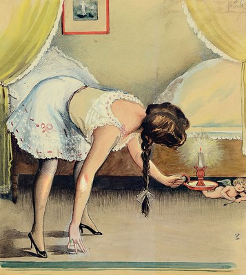 Ungedeuteter Künstler, frühes 20.Jh., Aquarell , intime Szene: junge Frau im Schlafrock dem versteckten Cupido unter dem Bett nachspürend,rechts ...