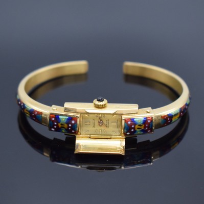 KELBERT seltene emaillierte Spangenuhr in GG 750/000, Handaufzug, Schweiz um 1965, Boden aufgedr., mehrfarbig transluzid emaill. Geh. & Spange, gold. ...