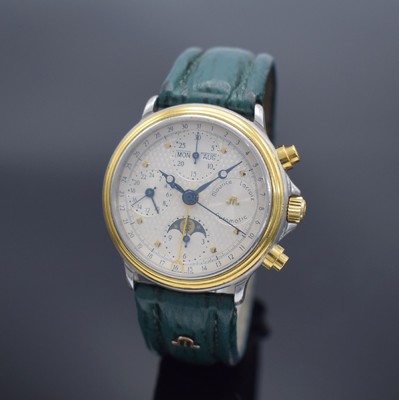 MAURICE LACROIX Herrenarmbanduhr mit Chronograph & Mondphase, Schweiz um 1990, Automatik, Edelstahl/Gold komb. inkl. orig. Lederband m. orig. ...