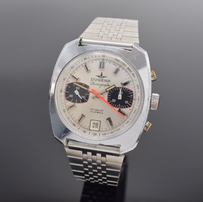 DUGENA Herrenarmbanduhr mit Chronograph, Schweiz um 1968, Handaufzug, verchr. Gehäuse, Stahlboden geschr., neutr. Stahlband, silb. Zifferbl. m. ...