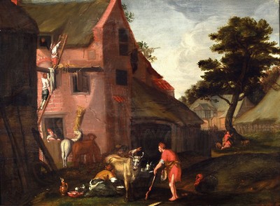 Unbekannter Künstler, Niederlande, um 1760-1780, Treiben vor dem Stall, Frau beim Melken, Bauer weist einen Bettler ab, zwei junge Männer klettern ...