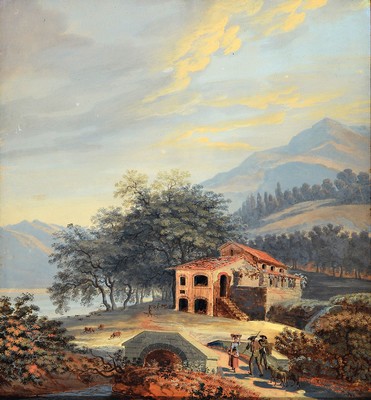 Zuschreibung: Pierre Louis de la Rive, 1753 Genf-1817, Schweizer Landschaft mit Bauernhaus und Personen, Aquarell und Gouache auf Papier, unsigniert, ...