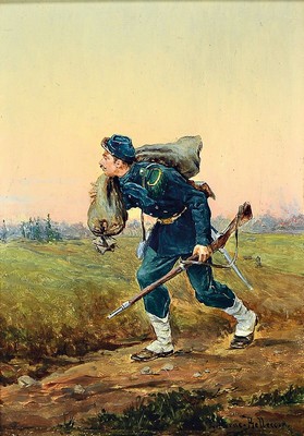 Etienne Prosper Berne-Bellecour, 1838 Boulogne-1910 Paris, Soldat mit "Beutesack", unten signiert, ca.18x13cm, R. ca. 33x28cm