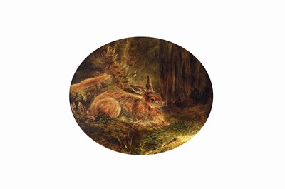 Zuschreibung: August Schleich, 1814-1865 München, Hase in Waldinterieur, Öl/Metall, unsigniert, im Oval ca. 26x31cm, R. ca. 35x40cm