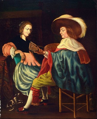 Monogrammist JM, Niederlande, 18. Jh., Frau spielt Laute für eine Frau, Öl/Holz, rest., neu gefirnist, ca. 32x25cm, R. ca. 56x50cm