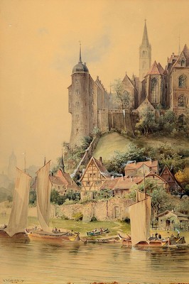 Hermann Moritz Wunderlich, 1839-1915 Dresden, Stadt am Fluß, darüber Burg und Kirche, Aquarell auf Papier, links unten signiert und dat. 92, ca. ...